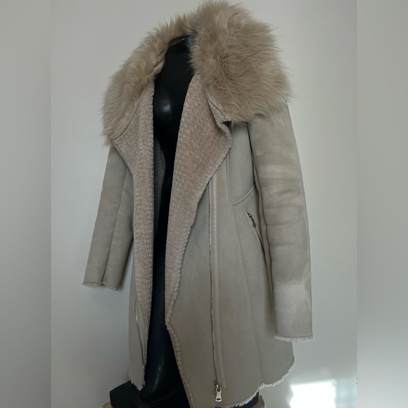 Calvin Klein Soft Latte Faux Suede Coat with Fur Collar - Picture 2 of 13